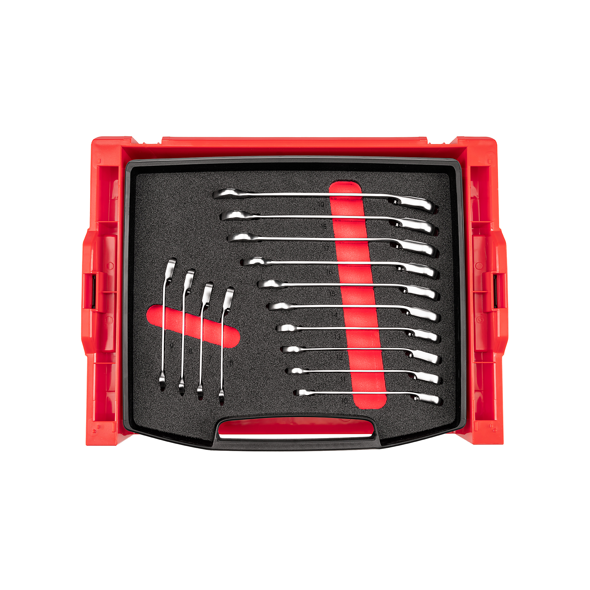 TEKTON Reversible 12-Point Ratcheting Combination Wrench Set with Open Top Drawer and Rack, 14-Piece (6 - 19 mm) | OLB94204